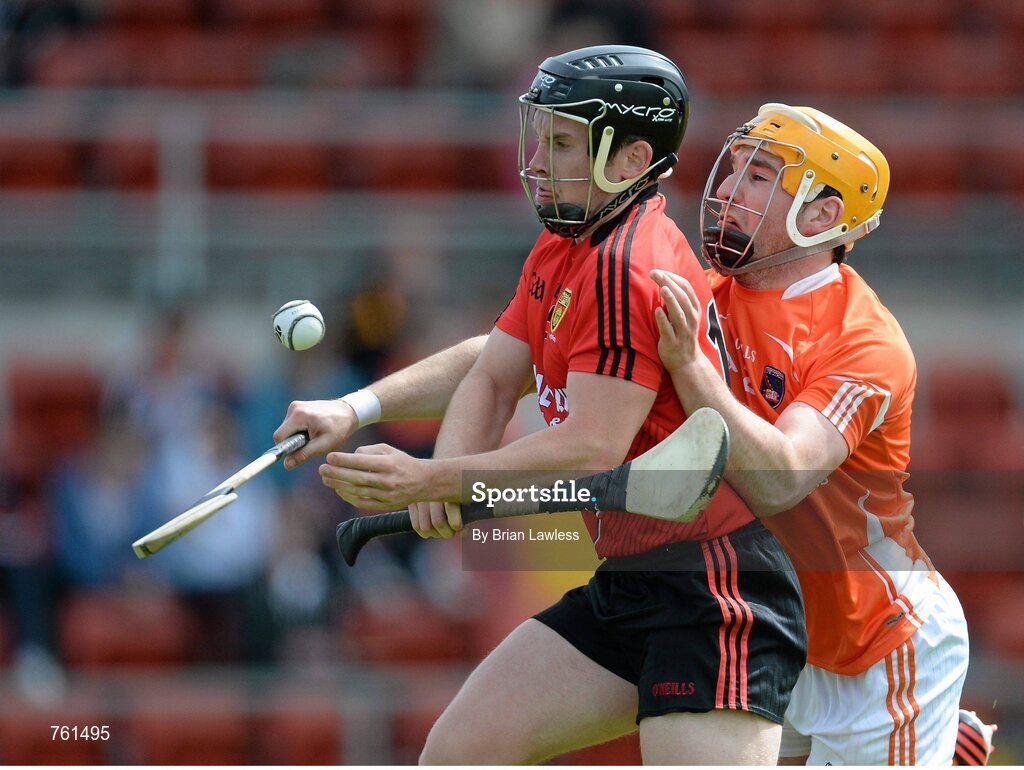 16 June 2013; James Coyle, Down, in action against Connor Devlin, Armagh. Ulster GAA Hurling Senior Championship Quarter-Final, Down v Armagh, Páirc Esler, Newry, Co. Down. Picture credit: Brian Lawless / SPORTSFILE