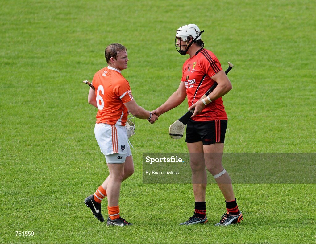 16 June 2013; Gareth Johnson, Down, shakes hands with Nathan Curry, Armagh, after the match. Ulster GAA Hurling Senior Championship Quarter-Final, Down v Armagh, Páirc Esler, Newry, Co. Down. Picture credit: Brian Lawless / SPORTSFILE