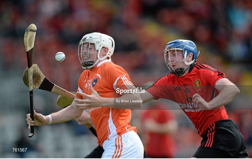 16 June 2013; Declan Coulter, Armagh, in action against Connor Woods, Down. Ulster GAA Hurling Senior Championship Quarter-Final, Down v Armagh, Páirc Esler, Newry, Co. Down. Picture credit: Brian Lawless / SPORTSFILE