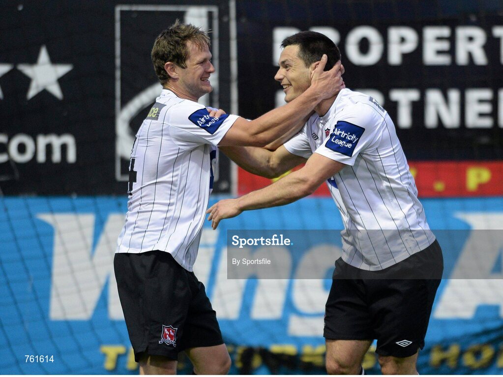 10 June 2013; Patrick Hoban, right, Dundalk, celebrates after scoring his side's first goal, with team-mate Dane Massey. Airtricity League Premier Division, Drogheda United v Dundalk, Hunky Dorys Park, Drogheda, Co. Louth. Photo by Sportsfile
