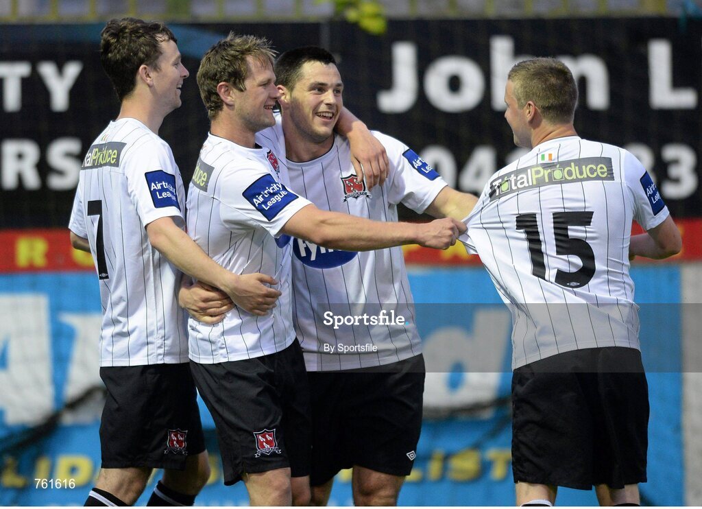 10 June 2013; Patrick Hoban, 2nd from right, Dundalk, is congratulated by team-mates, from left, John Dillon, Dane Massey and Tiarnan Mulvenna, after scoring his side's 1st goal. Airtricity League Premier Division, Drogheda United v Dundalk, Hunky Dorys Park, Drogheda, Co. Louth. Photo by Sportsfile