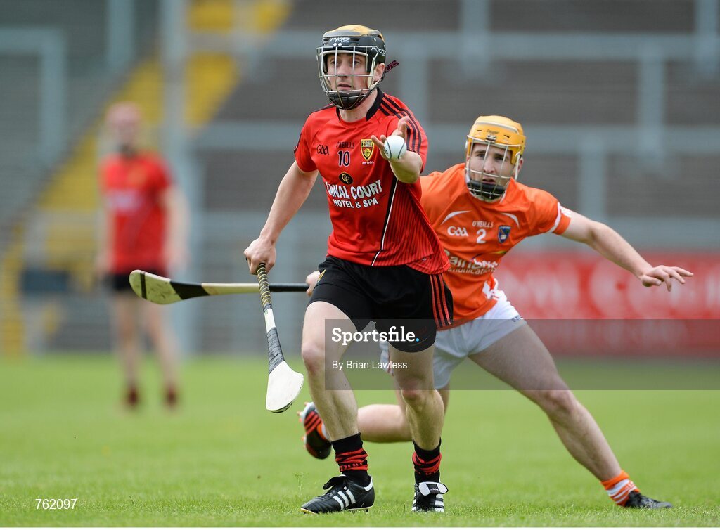 16 June 2013; Scott Nicholson, Down, in action against Connor Devlin, Armagh. Ulster GAA Hurling Senior Championship Quarter-Final, Down v Armagh, Páirc Esler, Newry, Co. Down. Picture credit: Brian Lawless / SPORTSFILE