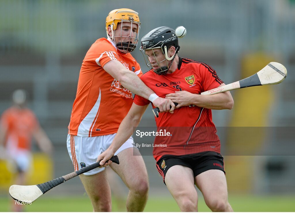 16 June 2013; James Coyle, Down, in action against Connor Devlin, Armagh. Ulster GAA Hurling Senior Championship Quarter-Final, Down v Armagh, Páirc Esler, Newry, Co. Down. Picture credit: Brian Lawless / SPORTSFILE