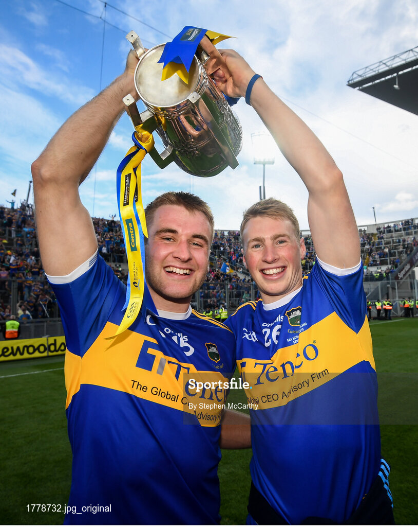18 August 2019; John McGrath, left with, Brian McGrath of Tipperary celebrate with the Liam MacCarthy cup, after the GAA Hurling All-Ireland Senior Championship Final match between Kilkenny and Tipperary at Croke Park in Dublin. Photo by Stephen McCarthy/Sportsfile