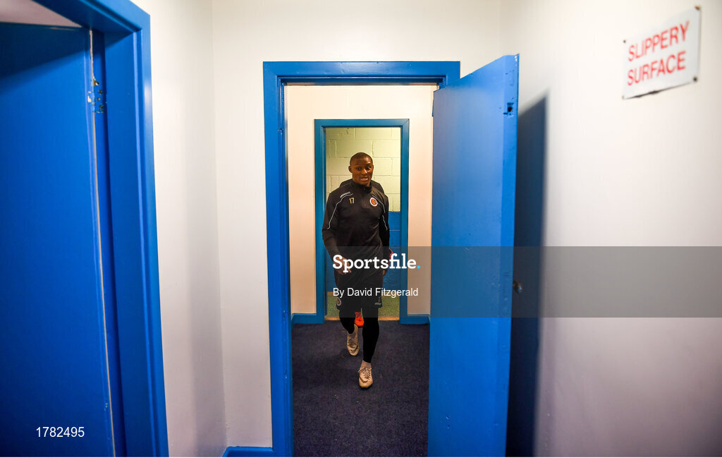 25 August 2019; Azeez Yusuff of Lucan United walks out ahead of the Extra.ie FAI Cup Second Round match between Crumlin United and Lucan United at CBS Captain's Road in Crumlin, Dublin. Photo by David Fitzgerald/Sportsfile
