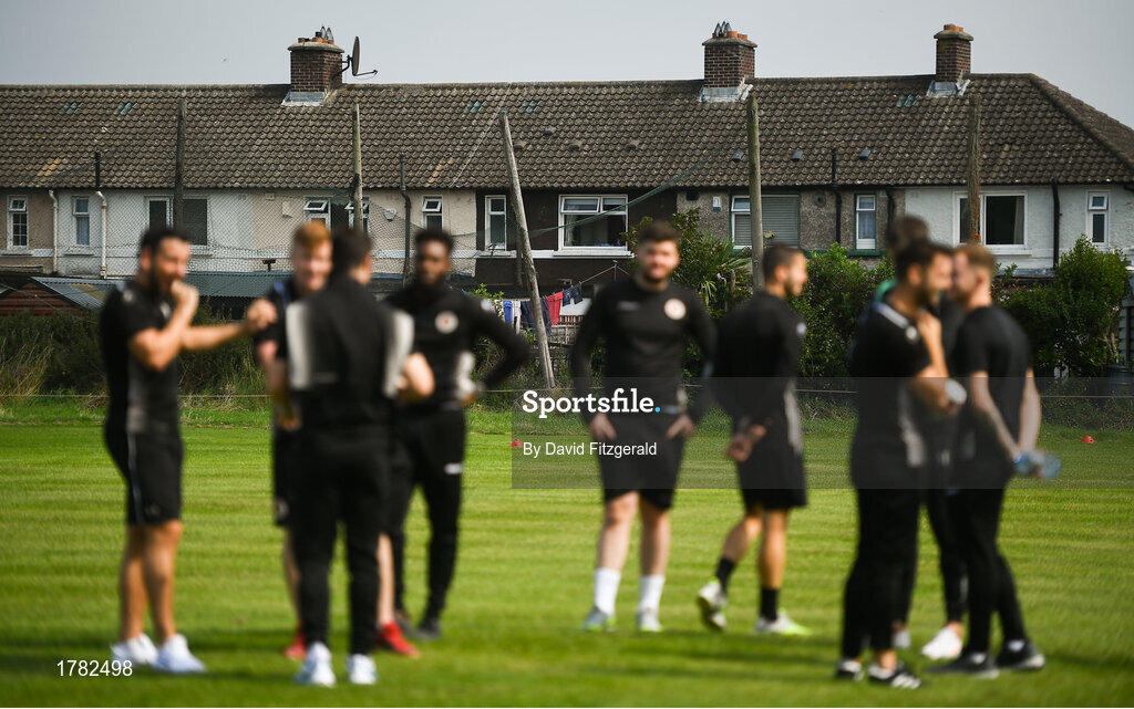 25 August 2019; Lucan United players walk the pitch ahead of the Extra.ie FAI Cup Second Round match between Crumlin United and Lucan United at CBS Captain's Road in Crumlin, Dublin. Photo by David Fitzgerald/Sportsfile