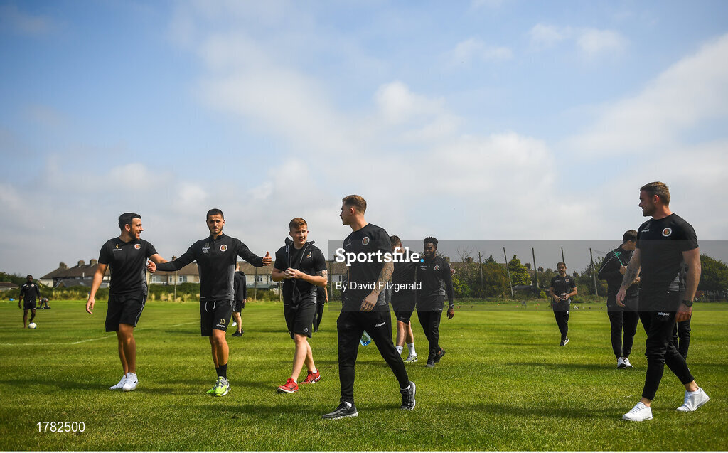 25 August 2019; Lucan United players walk the pitch ahead of the Extra.ie FAI Cup Second Round match between Crumlin United and Lucan United at CBS Captain's Road in Crumlin, Dublin. Photo by David Fitzgerald/Sportsfile