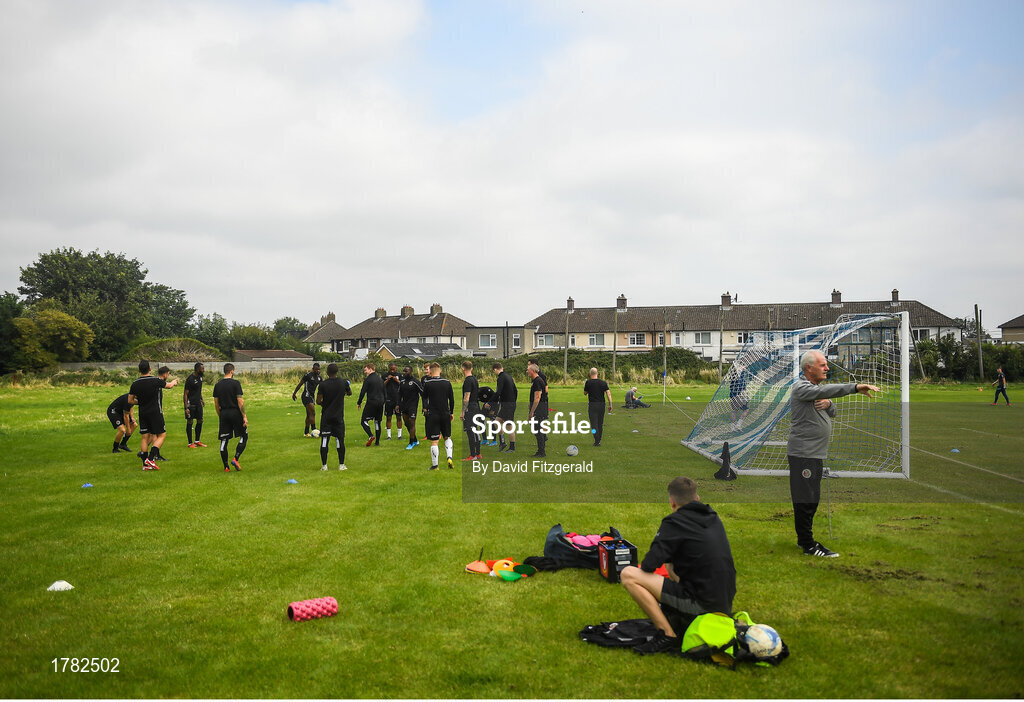 25 August 2019; Lucan United players warm up ahead of the Extra.ie FAI Cup Second Round match between Crumlin United and Lucan United at CBS Captain's Road in Crumlin, Dublin. Photo by David Fitzgerald/Sportsfile