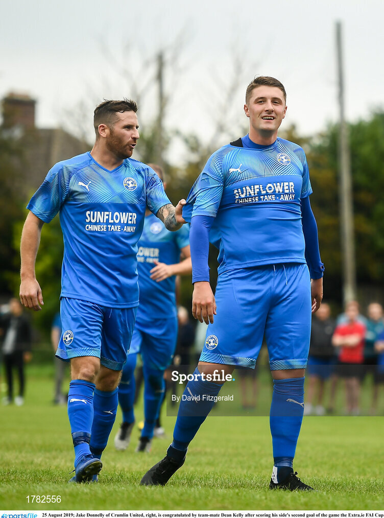 25 August 2019; Jake Donnelly of Crumlin United, right, is congratulated by team-mate Dean Kelly after scoring his side's second goal of the game the Extra.ie FAI Cup Second Round match between Crumlin United and Lucan United at CBS Captain's Road in Crumlin, Dublin. Photo by David Fitzgerald/Sportsfile