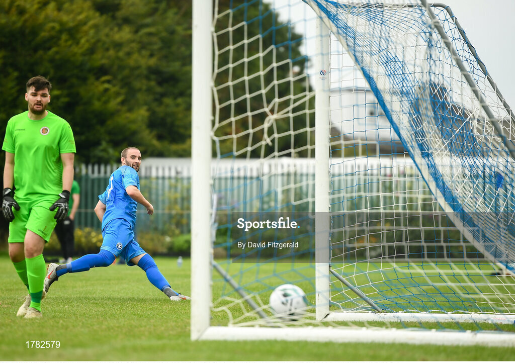25 August 2019; Alan McGreal of Crumlin United scores his side's third goal of the game during the Extra.ie FAI Cup Second Round match between Crumlin United and Lucan United at CBS Captain's Road in Crumlin, Dublin. Photo by David Fitzgerald/Sportsfile
