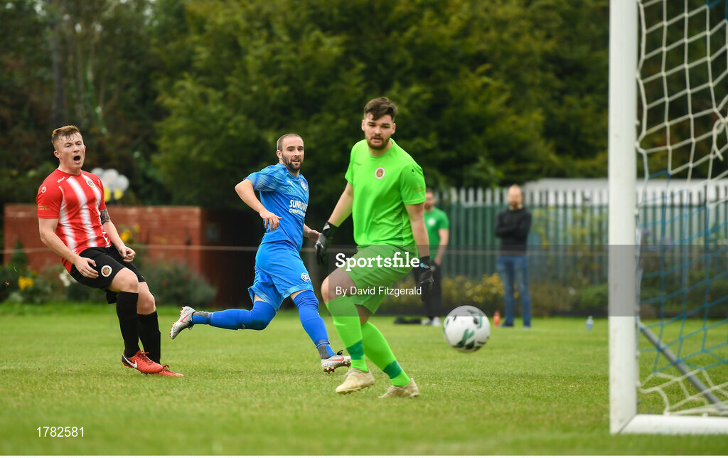 25 August 2019; Alan McGreal of Crumlin United scores his side's third goal of the game during the Extra.ie FAI Cup Second Round match between Crumlin United and Lucan United at CBS Captain's Road in Crumlin, Dublin. Photo by David Fitzgerald/Sportsfile