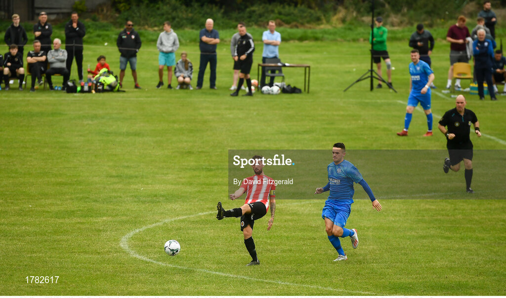 25 August 2019; Michael McLoughlin of Lucan United in action against Liam Brady of Crumlin United during the Extra.ie FAI Cup Second Round match between Crumlin United and Lucan United at CBS Captain's Road in Crumlin, Dublin. Photo by David Fitzgerald/Sportsfile