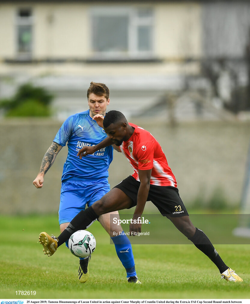 25 August 2019; Tamena Dinamunenga of Lucan United in action against Conor Murphy of Crumlin United during the Extra.ie FAI Cup Second Round match between Crumlin United and Lucan United at CBS Captain's Road in Crumlin, Dublin. Photo by David Fitzgerald/Sportsfile