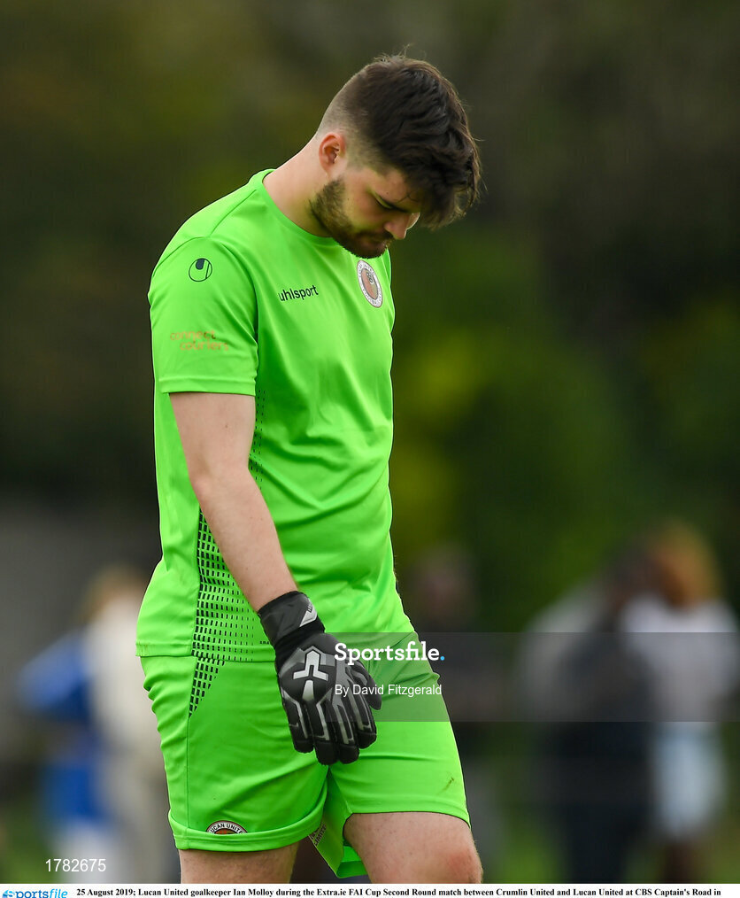 25 August 2019; Lucan United goalkeeper Ian Molloy during the Extra.ie FAI Cup Second Round match between Crumlin United and Lucan United at CBS Captain's Road in Crumlin, Dublin. Photo by David Fitzgerald/Sportsfile