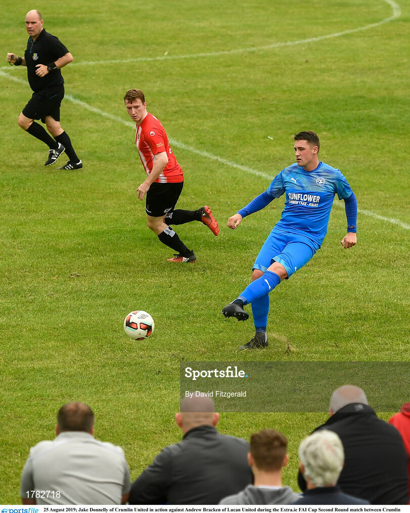 25 August 2019; Jake Donnelly of Crumlin United in action against Andrew Bracken of Lucan United during the Extra.ie FAI Cup Second Round match between Crumlin United and Lucan United at CBS Captain's Road in Crumlin, Dublin. Photo by David Fitzgerald/Sportsfile