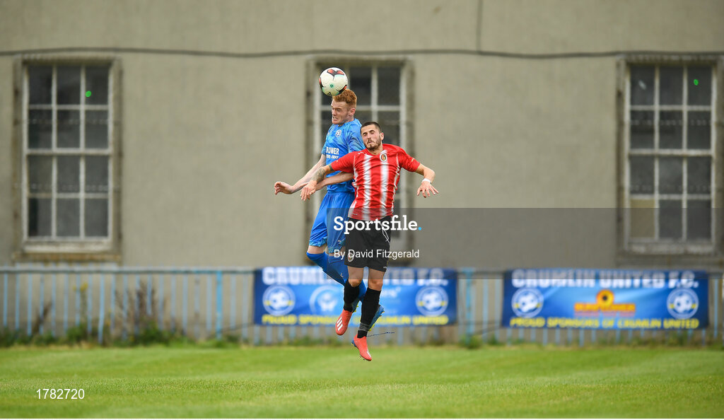 25 August 2019; Gareth Brady of Crumlin United in action against Marco Chinden of Lucan United during the Extra.ie FAI Cup Second Round match between Crumlin United and Lucan United at CBS Captain's Road in Crumlin, Dublin. Photo by David Fitzgerald/Sportsfile