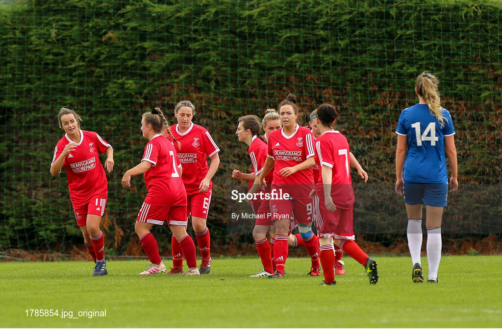 1 September 2019; Laura Donnelly, Left, of TEK United celebrates after scoring her sides first goal of the game during the FAI Womens Intermediate Cup Final match between Wilton United and TEK United at St Kevins FC, Newhill Park in Two Mile Borris, Tipperary. Photo by Michael P Ryan/Sportsfile