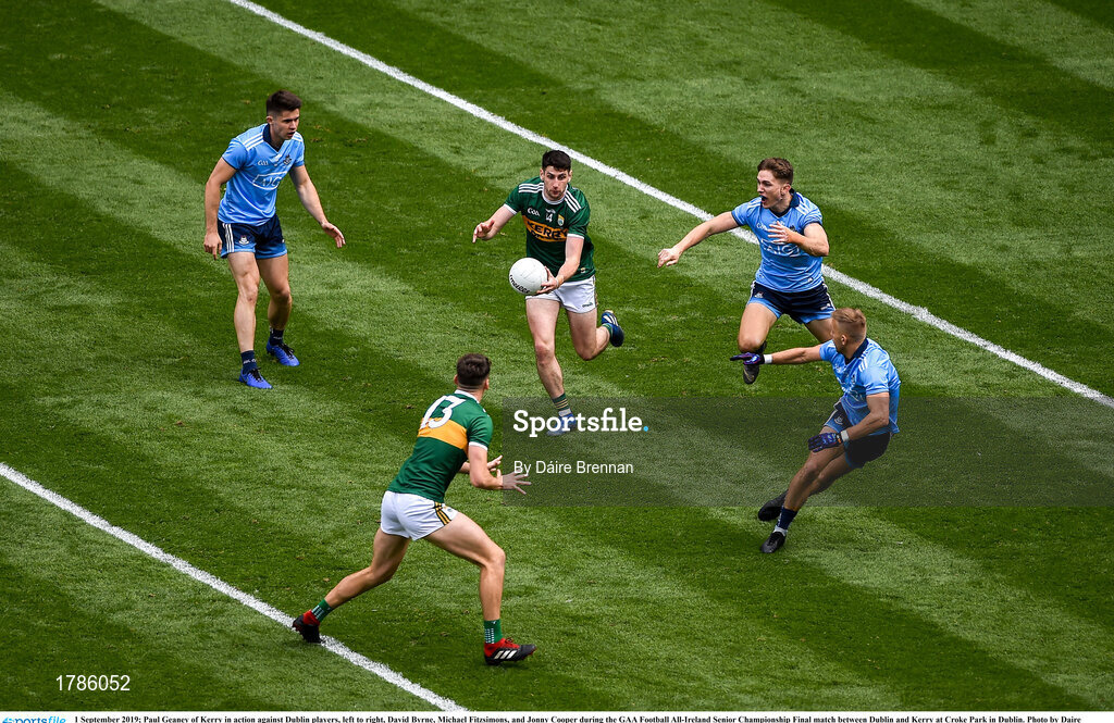 1 September 2019; Paul Geaney of Kerry in action against Dublin players, left to right, David Byrne, Michael Fitzsimons, and Jonny Cooper during the GAA Football All-Ireland Senior Championship Final match between Dublin and Kerry at Croke Park in Dublin. Photo by Daire Brennan/Sportsfile