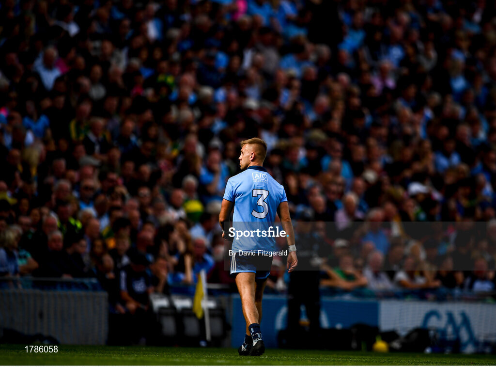 1 September 2019; Jonny Cooper of Dublin leaves the field after being shown a red card by referee David Gough during the GAA Football All-Ireland Senior Championship Final match between Dublin and Kerry at Croke Park in Dublin. Photo by David Fitzgerald/Sportsfile