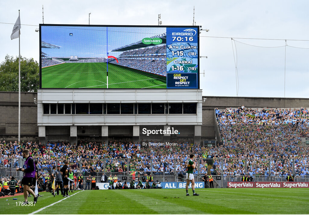 1 September 2019; Hawkeye gives the verdict on a late chance by Cormac Costello of Dublin during the GAA Football All-Ireland Senior Championship Final match between Dublin and Kerry at Croke Park in Dublin. Photo by Brendan Moran/Sportsfile