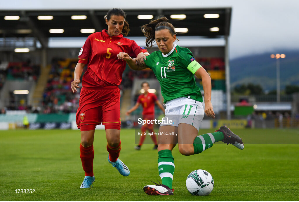 3 September 2019; Katie McCabe of Republic of Ireland in action against Tatjana Djurkovic of Montenegro during the UEFA Women's 2021 European Championships Qualifier - Group I match between Republic of Ireland and Montenegro at Tallaght Stadium in Dublin. Photo by Stephen McCarthy/Sportsfile