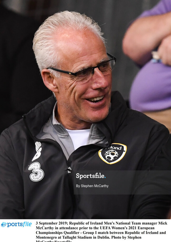 3 September 2019; Republic of Ireland Men's National Team manager Mick McCarthy in attendance prior to the UEFA Women's 2021 European Championships Qualifier - Group I match between Republic of Ireland and Montenegro at Tallaght Stadium in Dublin. Photo by Stephen McCarthy/Sportsfile