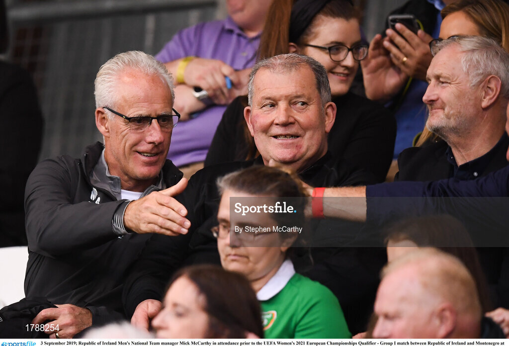 3 September 2019; Republic of Ireland Men's National Team manager Mick McCarthy in attendance prior to the UEFA Women's 2021 European Championships Qualifier - Group I match between Republic of Ireland and Montenegro at Tallaght Stadium in Dublin. Photo by Stephen McCarthy/Sportsfile