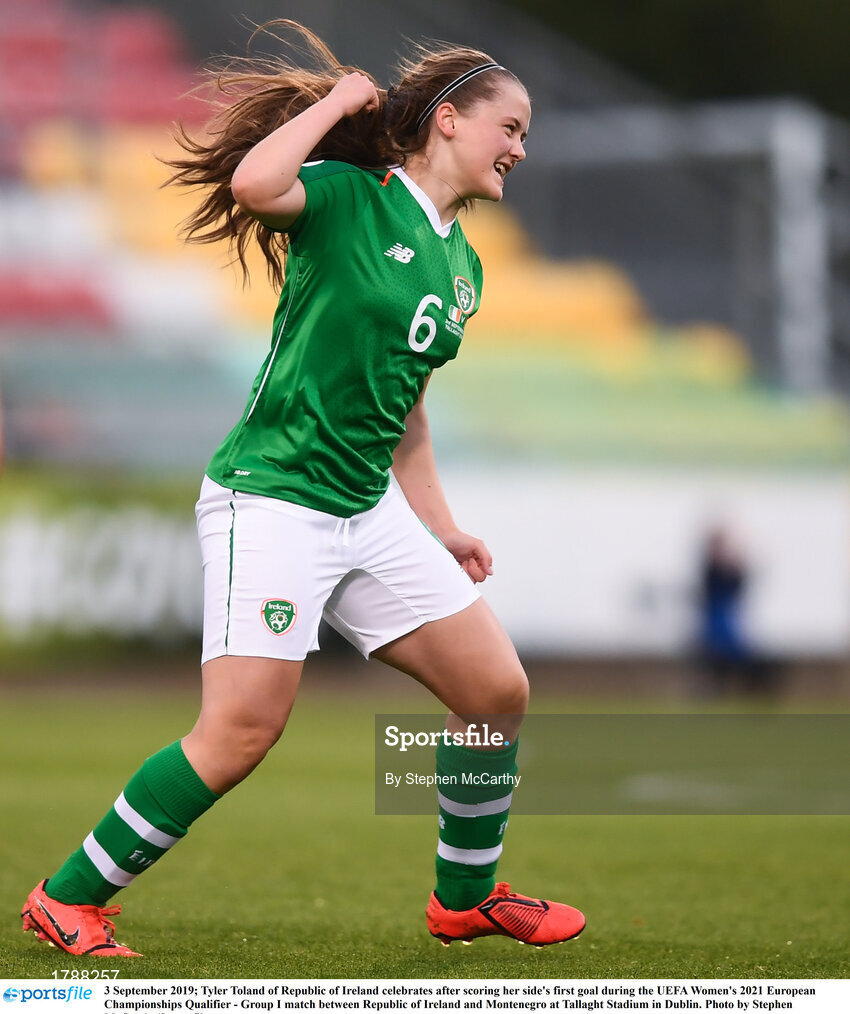 3 September 2019; Tyler Toland of Republic of Ireland celebrates after scoring her side's first goal during the UEFA Women's 2021 European Championships Qualifier - Group I match between Republic of Ireland and Montenegro at Tallaght Stadium in Dublin. Photo by Stephen McCarthy/Sportsfile