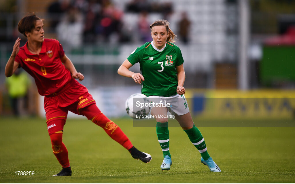 3 September 2019; Harriet Scott of Republic of Ireland in action against Nadja Stanovic of Montenegro during the UEFA Women's 2021 European Championships Qualifier - Group I match between Republic of Ireland and Montenegro at Tallaght Stadium in Dublin. Photo by Stephen McCarthy/Sportsfile