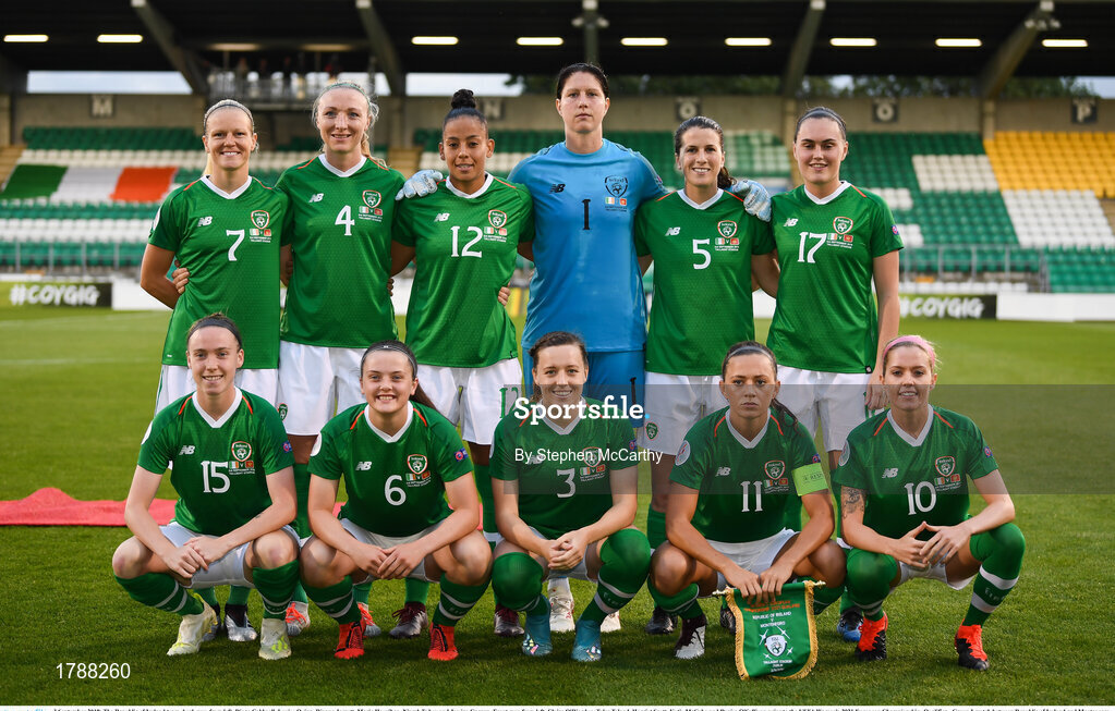 3 September 2019; The Republic of Ireland team, back row, from left, Diane Caldwell, Louise Quinn, Rianna Jarrett, Marie Hourihan, Niamh Fahey and Jessica Gargan. Front row, from left, Claire O'Riordan, Tyler Toland, Harriet Scott, Katie McCabe and Denise O'Sullivan prior to the UEFA Women's 2021 European Championships Qualifier - Group I match between Republic of Ireland and Montenegro at Tallaght Stadium in Dublin. Photo by Stephen McCarthy/Sportsfile