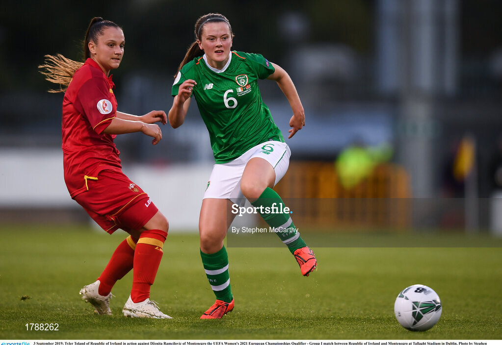 3 September 2019; Tyler Toland of Republic of Ireland in action against Dženita Ramcilovic of Montenegro during the UEFA Women's 2021 European Championships Qualifier - Group I match between Republic of Ireland and Montenegro at Tallaght Stadium in Dublin. Photo by Stephen McCarthy/Sportsfile