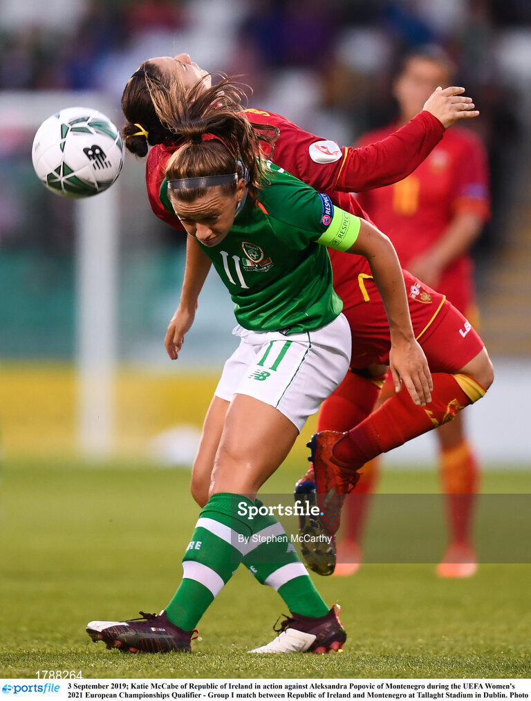 3 September 2019; Katie McCabe of Republic of Ireland in action against Aleksandra Popovic of Montenegro during the UEFA Women's 2021 European Championships Qualifier - Group I match between Republic of Ireland and Montenegro at Tallaght Stadium in Dublin. Photo by Stephen McCarthy/Sportsfile