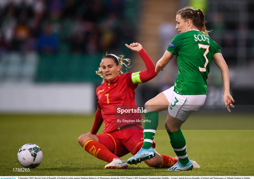3 September 2019; Harriet Scott of Republic of Ireland in action against Sladjana Bulatovic of Montenegro during the UEFA Women's 2021 European Championships Qualifier - Group I match between Republic of Ireland and Montenegro at Tallaght Stadium in Dublin. Photo by Stephen McCarthy/Sportsfile