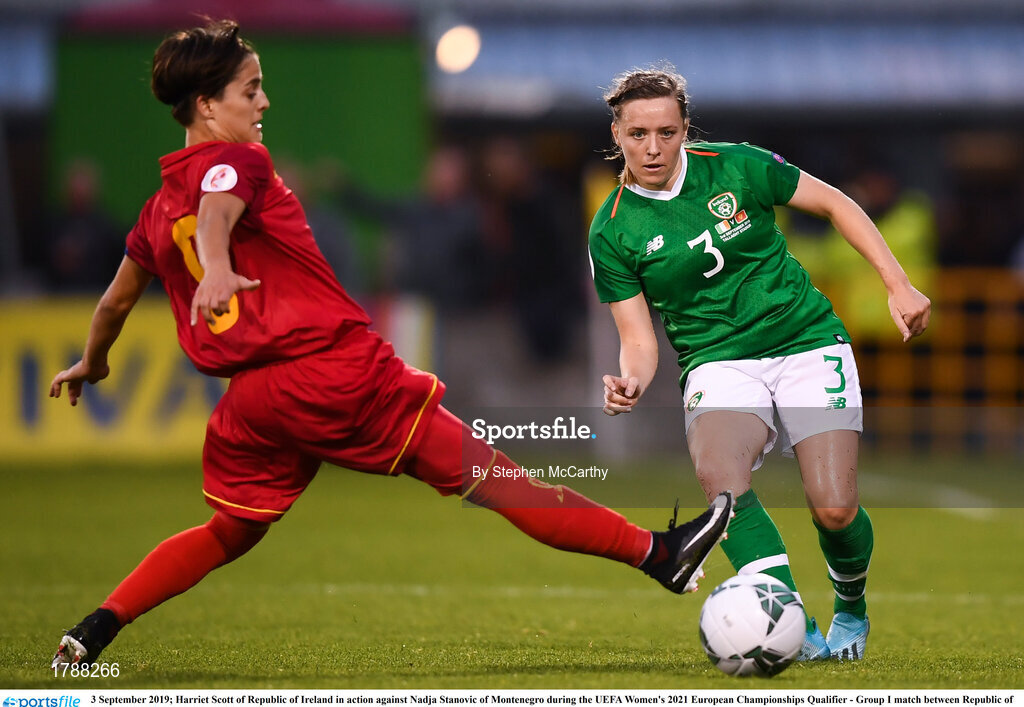 3 September 2019; Harriet Scott of Republic of Ireland in action against Nadja Stanovic of Montenegro during the UEFA Women's 2021 European Championships Qualifier - Group I match between Republic of Ireland and Montenegro at Tallaght Stadium in Dublin. Photo by Stephen McCarthy/Sportsfile
