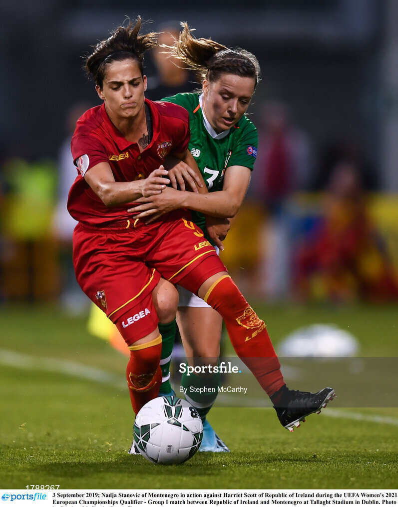 3 September 2019; Nadja Stanovic of Montenegro in action against Harriet Scott of Republic of Ireland during the UEFA Women's 2021 European Championships Qualifier - Group I match between Republic of Ireland and Montenegro at Tallaght Stadium in Dublin. Photo by Stephen McCarthy/Sportsfile