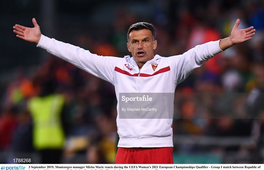 3 September 2019; Montenegro manager Mirko Maric reacts during the UEFA Women's 2021 European Championships Qualifier - Group I match between Republic of Ireland and Montenegro at Tallaght Stadium in Dublin. Photo by Stephen McCarthy/Sportsfile