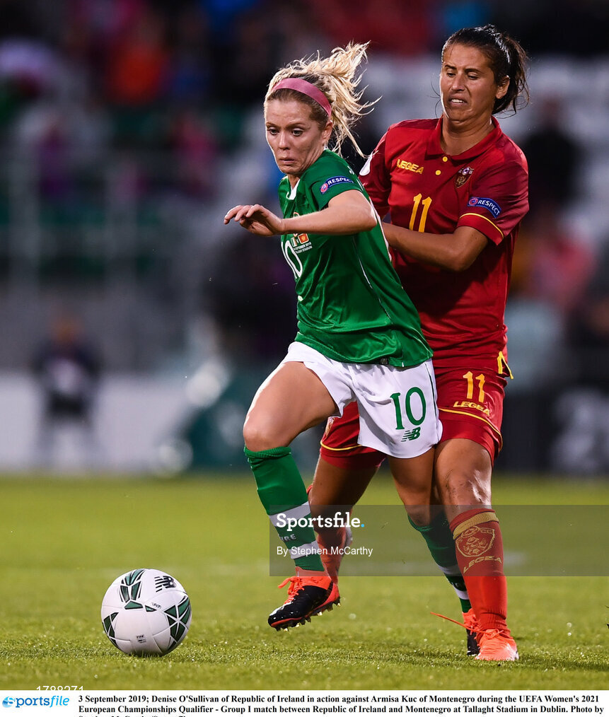 3 September 2019; Denise O'Sullivan of Republic of Ireland in action against Armisa Kuc of Montenegro during the UEFA Women's 2021 European Championships Qualifier - Group I match between Republic of Ireland and Montenegro at Tallaght Stadium in Dublin. Photo by Stephen McCarthy/Sportsfile