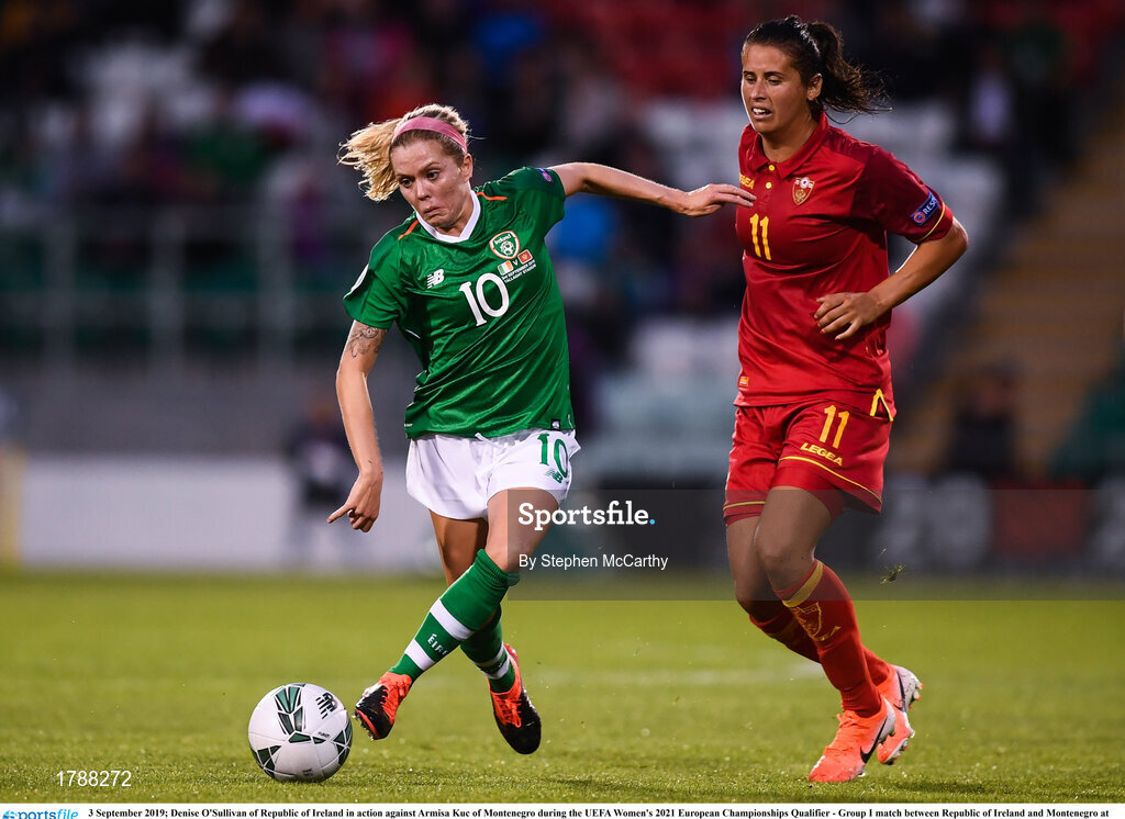 3 September 2019; Denise O'Sullivan of Republic of Ireland in action against Armisa Kuc of Montenegro during the UEFA Women's 2021 European Championships Qualifier - Group I match between Republic of Ireland and Montenegro at Tallaght Stadium in Dublin. Photo by Stephen McCarthy/Sportsfile