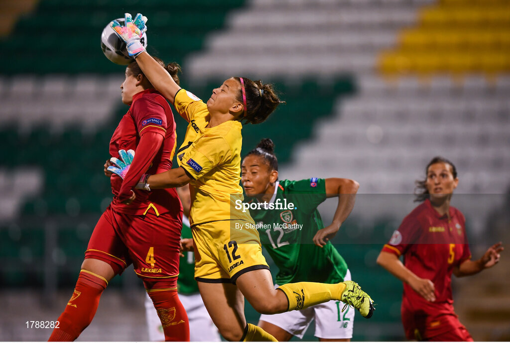 3 September 2019; Ivana Cabarkapa of Montenegro clears ahead of team-mate Maja Šaranovic, left, and Rianna Jarrett of Republic of Ireland during the UEFA Women's 2021 European Championships Qualifier - Group I match between Republic of Ireland and Montenegro at Tallaght Stadium in Dublin. Photo by Stephen McCarthy/Sportsfile
