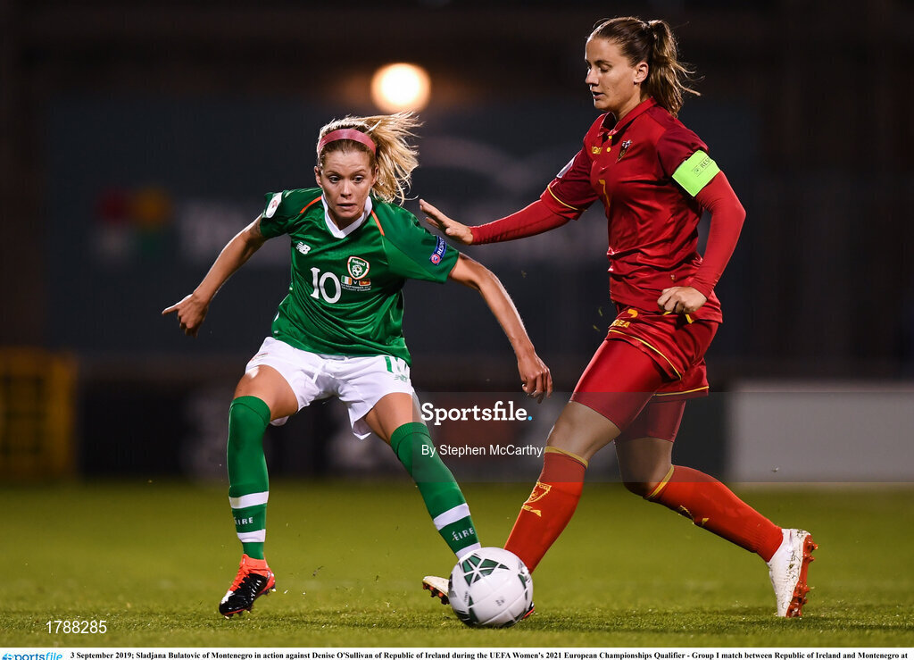 3 September 2019; Sladjana Bulatovic of Montenegro in action against Denise O'Sullivan of Republic of Ireland during the UEFA Women's 2021 European Championships Qualifier - Group I match between Republic of Ireland and Montenegro at Tallaght Stadium in Dublin. Photo by Stephen McCarthy/Sportsfile