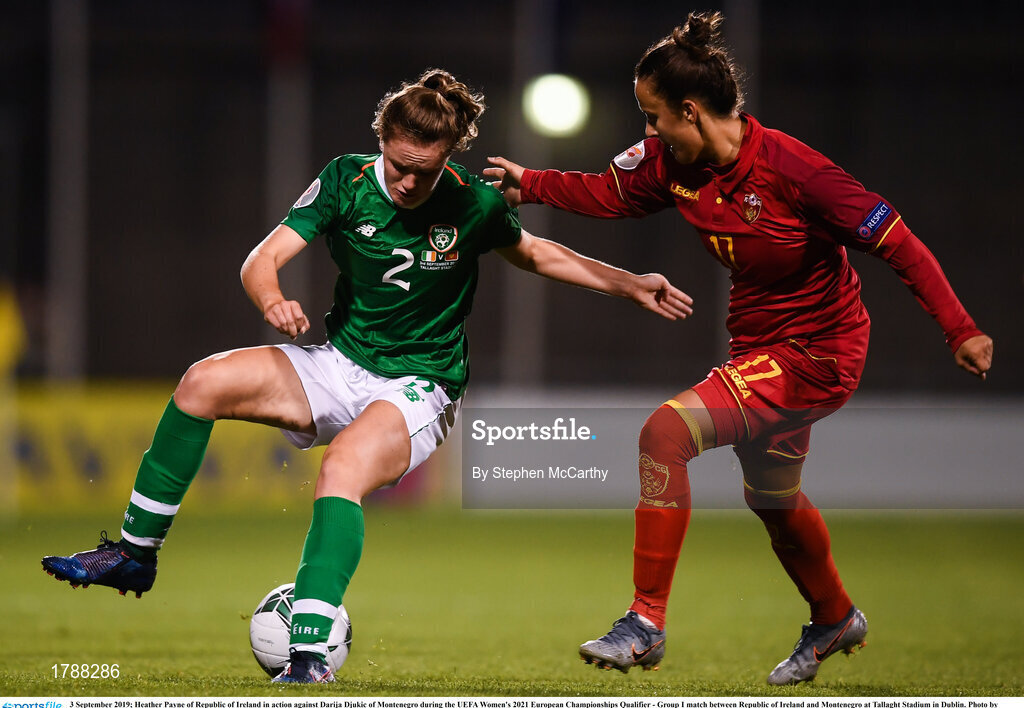 3 September 2019; Heather Payne of Republic of Ireland in action against Darija Djukic of Montenegro during the UEFA Women's 2021 European Championships Qualifier - Group I match between Republic of Ireland and Montenegro at Tallaght Stadium in Dublin. Photo by Stephen McCarthy/Sportsfile