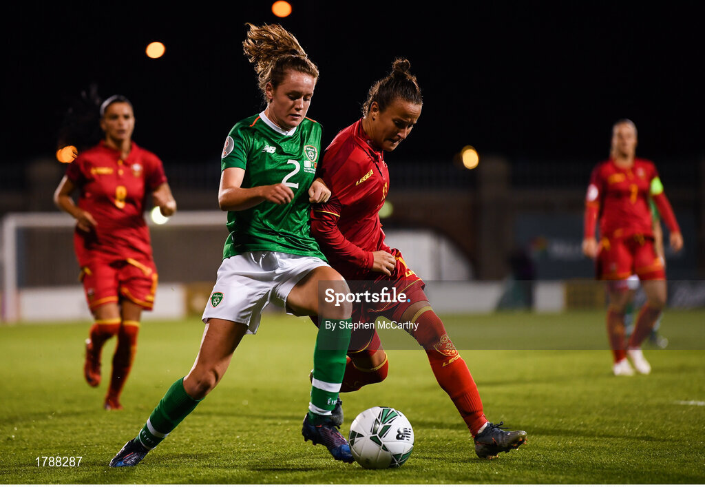 3 September 2019; Heather Payne of Republic of Ireland in action against Darija Djukic of Montenegro during the UEFA Women's 2021 European Championships Qualifier - Group I match between Republic of Ireland and Montenegro at Tallaght Stadium in Dublin. Photo by Stephen McCarthy/Sportsfile