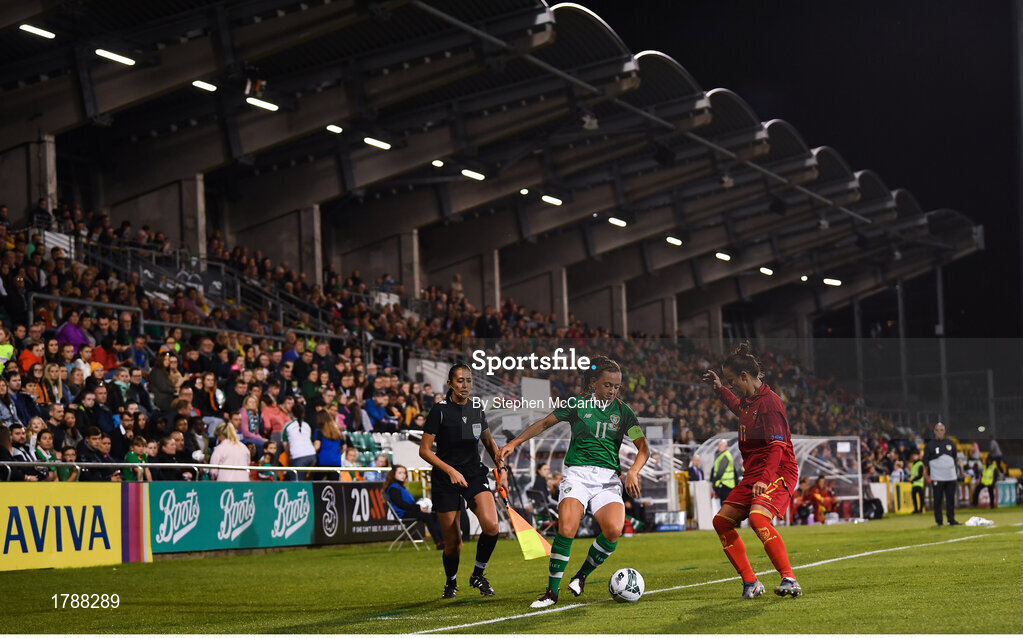 3 September 2019; Katie McCabe of Republic of Ireland in action against Darija Djukic of Montenegro during the UEFA Women's 2021 European Championships Qualifier - Group I match between Republic of Ireland and Montenegro at Tallaght Stadium in Dublin. Photo by Stephen McCarthy/Sportsfile