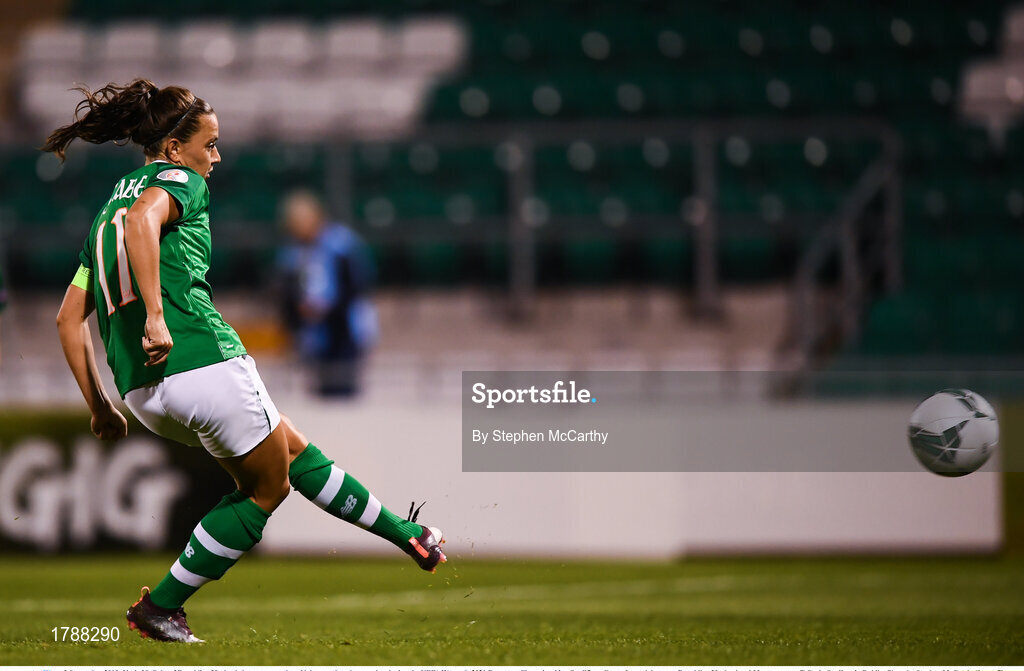 3 September 2019; Katie McCabe of Republic of Ireland shoots to score her side's second goal, a penalty, during the UEFA Women's 2021 European Championships Qualifier - Group I match between Republic of Ireland and Montenegro at Tallaght Stadium in Dublin. Photo by Stephen McCarthy/Sportsfile