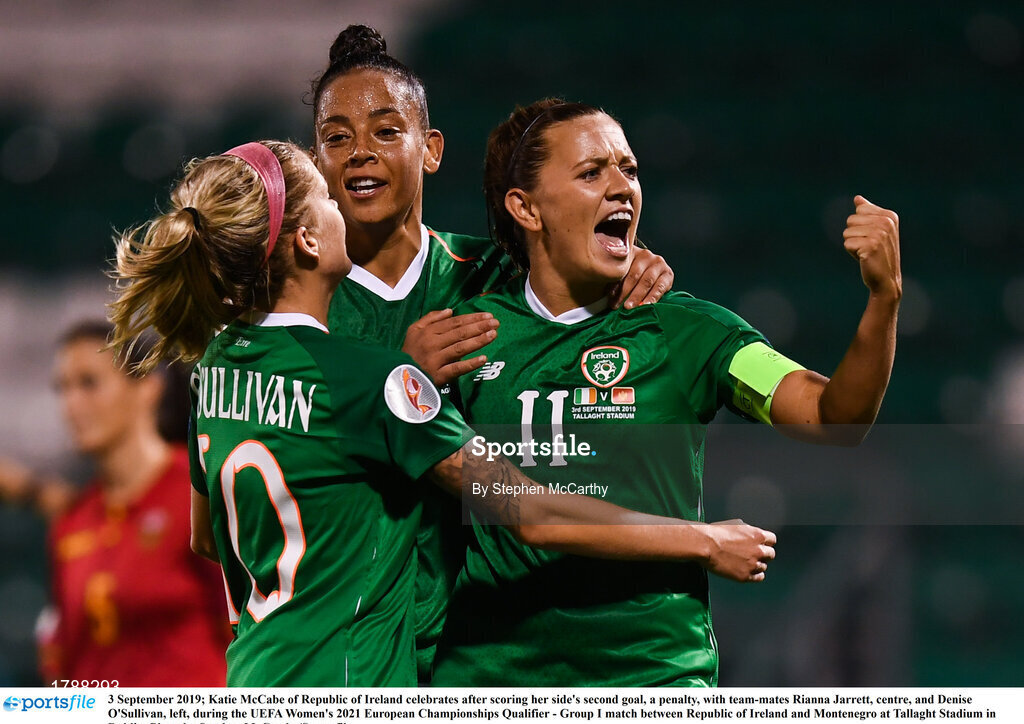 3 September 2019; Katie McCabe of Republic of Ireland celebrates after scoring her side's second goal, a penalty, with team-mates Rianna Jarrett, centre, and Denise O'Sullivan, left, during the UEFA Women's 2021 European Championships Qualifier - Group I match between Republic of Ireland and Montenegro at Tallaght Stadium in Dublin. Photo by Stephen McCarthy/Sportsfile