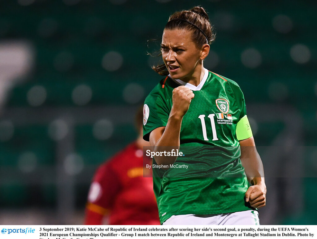 3 September 2019; Katie McCabe of Republic of Ireland celebrates after scoring her side's second goal, a penalty, during the UEFA Women's 2021 European Championships Qualifier - Group I match between Republic of Ireland and Montenegro at Tallaght Stadium in Dublin. Photo by Stephen McCarthy/Sportsfile