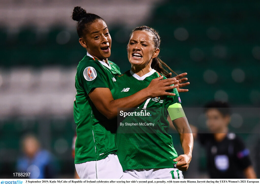 3 September 2019; Katie McCabe of Republic of Ireland celebrates after scoring her side's second goal, a penalty, with team-mate Rianna Jarrett during the UEFA Women's 2021 European Championships Qualifier - Group I match between Republic of Ireland and Montenegro at Tallaght Stadium in Dublin. Photo by Stephen McCarthy/Sportsfile