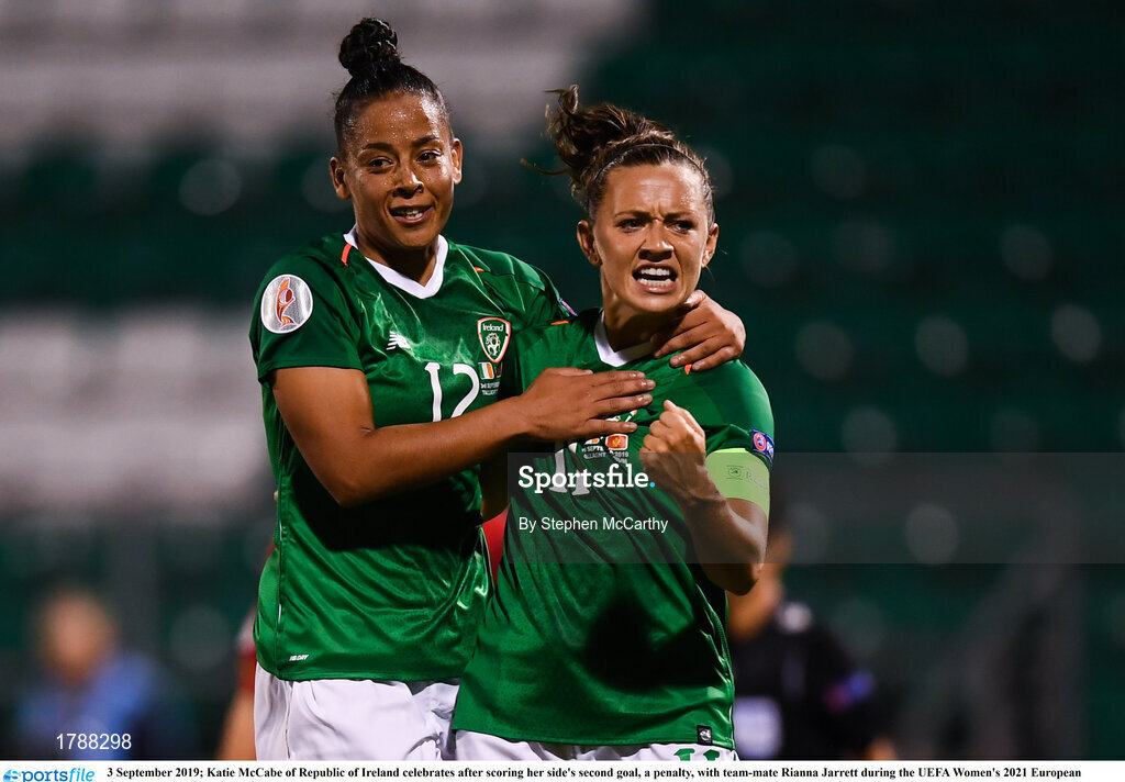3 September 2019; Katie McCabe of Republic of Ireland celebrates after scoring her side's second goal, a penalty, with team-mate Rianna Jarrett during the UEFA Women's 2021 European Championships Qualifier - Group I match between Republic of Ireland and Montenegro at Tallaght Stadium in Dublin. Photo by Stephen McCarthy/Sportsfile