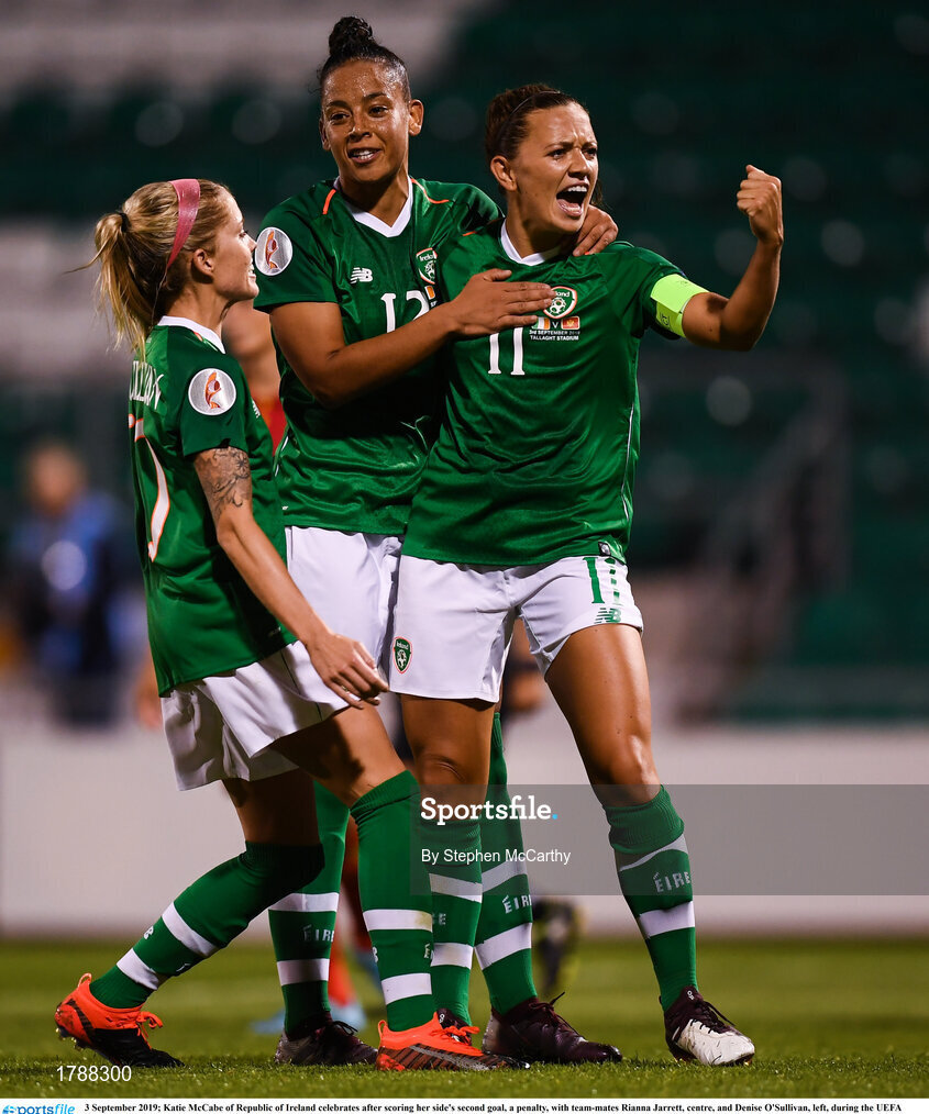 3 September 2019; Katie McCabe of Republic of Ireland celebrates after scoring her side's second goal, a penalty, with team-mates Rianna Jarrett, centre, and Denise O'Sullivan, left, during the UEFA Women's 2021 European Championships Qualifier - Group I match between Republic of Ireland and Montenegro at Tallaght Stadium in Dublin. Photo by Stephen McCarthy/Sportsfile