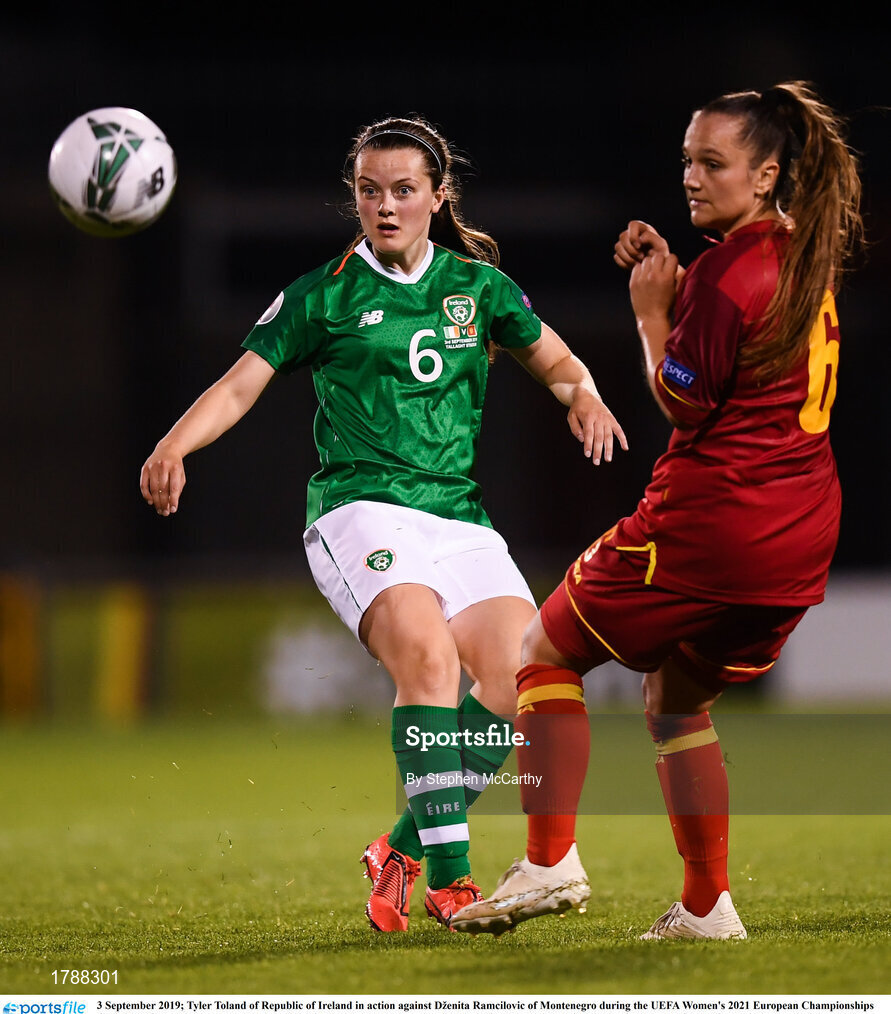 3 September 2019; Tyler Toland of Republic of Ireland in action against Dženita Ramcilovic of Montenegro during the UEFA Women's 2021 European Championships Qualifier - Group I match between Republic of Ireland and Montenegro at Tallaght Stadium in Dublin. Photo by Stephen McCarthy/Sportsfile